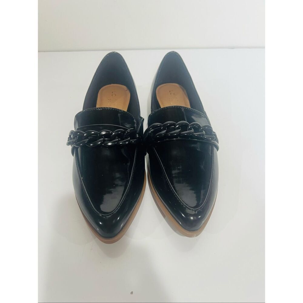 Lauren Conrad Black Patent Leather Man-Made Loafers Almond Toe Normcore Sz 8.5 M